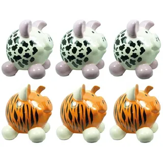 HTI-Living Spardose Sparschwein klein, 6 Stück 2 Tiermotive, (Set, 6-tlg., 6 Sparschweine mit zwei verschiedenenTiermotiven (Kuh, Tiger), Spardose bunt