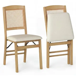 COSTWAY Klappstühle 2er Set, Rattan Esszimmerstühle mit gepolsterten Sitzen & Massivholzrahmen, Küchenstühle klappbar, armlose Polsterstühle b... - Naturbelassen