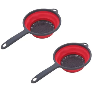 Surwin Faltbar Seiher mit Langem Griff, Faltbarer Seiher Sieb 2 Set, faltbare schüssel, faltbare spülschüssel camping Silikon, Klappbar Küchensieb Abwaschschüssel für Nudeln, Obst (Rot)
