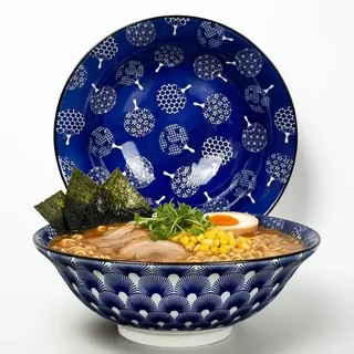 Urban Lifestyle Ramen Schüssel für Ramen, 2er Set 20cm Seigaiha Suppenschüssel, Salatschüssel, Pho Suppenschüssel, Ramen Pastaschale, Müslischalen (Uchiwa)