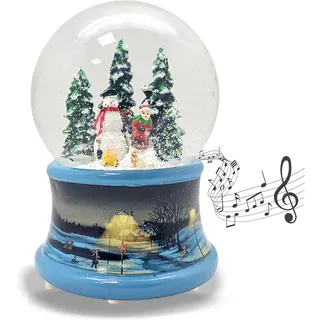 Schneekugel Spieluhr Weihnachten | Schneemann Steht | Sockel Winterlandschaft Blauer Rand | H: 140mm B: 100 mm | Schüttelkugel mit Musik Stille Nacht heilige Nacht | 20200