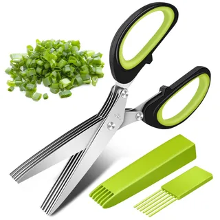 Senbos Kräuterscheren Edelstahl Küchenschere 5 Klingen, Gewürzschere Schnittlauchschere mit Reinigung Kamm und Sicherheitsabdeckung, Küchen-Gemüseschere für Kräuter, Schnittlauch, Petersilie, Rosmarin