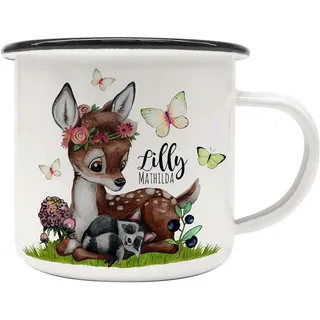 Emaille Becher Camping Tasse Motiv Reh Waschenbär Blaubeeren Schmetterlinge & Wunschname Name Kaffeetasse Geschenk eb491 - ausgewählte Farbe: *schwarzer Becherrand*