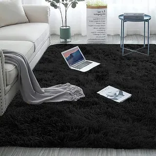 CHBIN Hochflor 160x200cm Teppich Wohnzimmer Teppich Hochflor Hochflorteppich Spitzenqualität Waschbar für Wohnzimmer Kinderzimmer Schlafzimmer Flur Läufer, Schwarz