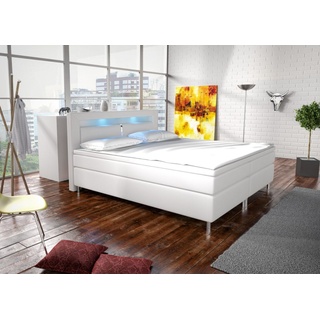 Bett Kontinentalbett mit LED Beleuchtung und Weicher Kopfstütze Modernes und Funktionales Boxspringbett Calibre 140/200 In Weiß