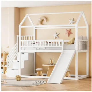 Merax Hochbett (1-St., Stockbett Jugendbett Massivholzbett Hausbett) Massiv Kinderbett 90x200cm mit Rutsche Stauraumleiter Sicherheitszaun weiß