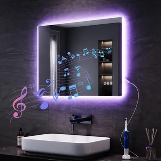 SONNI Badspiegel mit Beleuchtung 80x60 cm, LED Spiegel mit Bluetooth und Touch-Schalter, Dimmbar, Beschlagfrei, 3 einstellbare Lichtfarben, Steckdose