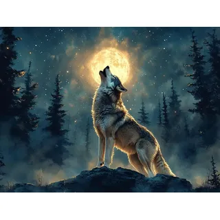 Malen nach Zahlen Erwachsene Wolf, Mond Malen Nach Zahlen XXL 70x50cm, Handgemalt Ölgemälde Leinwand Kit mit Pinseln und Acrylfarbe, Paint by Numbers Deko Wohnzimmer, Geschenke für Frauen, Model 862