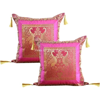Stylo Culture Bohemien Dekorativ Brokat Seide Sofa Kissenbezüge 45x45 cm Magenta Pink Dekokissen Jacquard Quasten Wohnzimmer Couch Kissenhullen Pfau Quadrat Reißverschluss 18x18 Kissen Bezüge - 2 Stk.