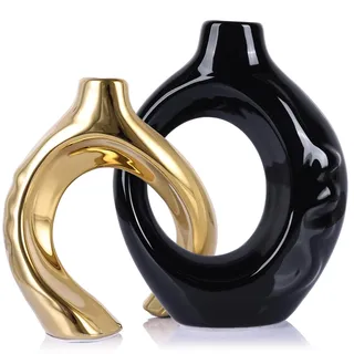LCCCK Keramikvasen für Heimdekoration, Boho-Vase für Blumen, Pampasgras, dekorativ, hohle Donut-Vase für Wohnzimmer, Tisch, Hochzeit, Tafelaufsatz, modern, klein, schwarz und gold