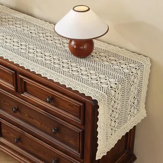 Clothfuna Cremefarbener Häkel-Tischläufer, Baumwollspitzenläufer für den Esstisch, Couchtischläufer für Schminktisch, Sideboard, Party, 42 x 180 cm, Beige
