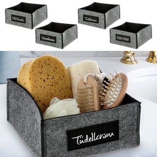 Aufbewahrungskorb Filz 4er Set | grau schwarz Filz 19x19x10cm | Aufdruck Sprüche Krimskram Schnick Schnack Tüdelkram Fette Beute | Filxbox Korb Ordnungskorb (1 x 4er Set Filzkorb Henkel hellgrau)