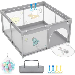 HENGMEI Laufgitter Baby 127 X 127cm Laufstall Absperrgitter Faltbar Aktivitätszentrum aus Kunststoff Mit 50 Bunten Kugeln, Atmungsaktivem Netz Sicherheitsspielplatz (Astronauten)