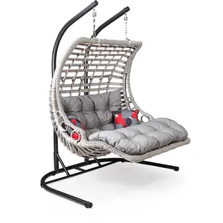 Alveon Hängesessel mit Gestell & Kissen mit Schutzhülle Handgeflechtet Hängestuhl Rattan Hängematte Hängekorb Garten Balkonmöbel Hängeschaukel Bodrum Double(Weiß)