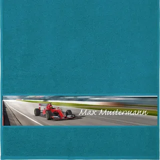 Manutextur Handtuch mit Namen - personalisiert - Motiv Sport - Rennauto - viele Farben & Motive - Dusch-Handtuch - Petrol - Größe 50x100 cm - persönliches Geschenk mit Wunsch-Motiv und Wunsch-Name