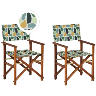 Zwei Gartenstühle dunkles Akazienholz Textil cremeweiß/bunt Fleckenmotiv Cine