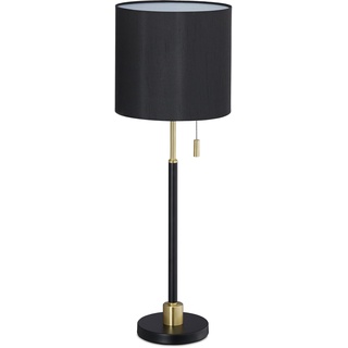 Relaxdays Tischlampe mit Zugschalter, elegante Nachttischlampe mit Stoffschirm, E27 Fassung, HD 69 x 24 cm, schwarz-gold