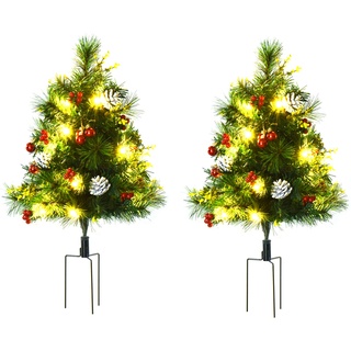 HOMCOM 2-er Set Weihnachtsbäume Mini Künstlicher Christbaum mit Tannenzapfen und rote Beere, Kugeln und Warmweiß LED-Lichtern IP44 Grün PVC Metall Ø33 x 75 cm