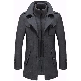 Männer Warmer Wollmantel, abnehmbare Doppelkragen Erbsen-Mäntel Casual Winter Business Slim Fit Jacke Plus Baumwollfutter Dicker Abzug im Freien Winddichte Mantel im