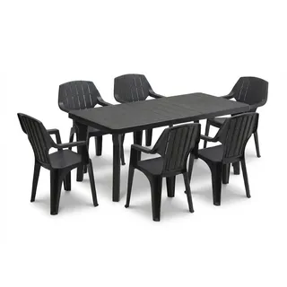 Tomaino - Set Tisch und 6 Gartenstühle aus Kunststoff - mit ausziehbarer Verlängerung, mit Armlehnen, stapelbar, für den Außenbereich, Terrasse - Nord-Lunch-Set (schwarz)