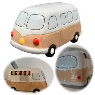 LS-LebenStil Keramik Sparschwein Keramik Sparschwein Retro Mini-Bus Design 16x12x9cm Sparbüchse Spardose Dolomit Spardose für Camper Camping-Fans Wohnmobil Kleinbus