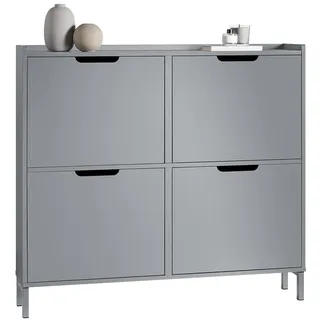 SoBuy Schuhschrank schmal mit 4 Klappen 100x91x19cm für Flur | Schuhkipper platzsparend, geschlossenes Schuhregal für Diele & Garderobe, Hellgrau FSR100-HG