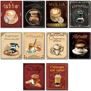 CREATCABIN 10 Stück Vintage Kaffee Leinwand Wandkunst Leinwanddruck Wandbilder Kaffee Mokka Cappuccino Druck Poster Kunstwerk Wanddekorationen Rechteck Faser Öl Für Restaurant 25x20cm Ungerahmt