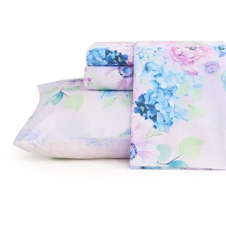 JSD Bettwäsche-Set mit Hortensienmotiv, volle Größe, 4-teilig, Bedruckte Mikrofaser, Tiefe Taschen, violett