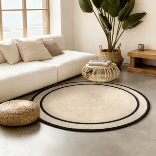 HANSE HOME Teppich HANSE HOME "Lina", natur, elfenbein, schwarz, H:7mm Ø:150cm, Jute, Teppiche, Teppich, Jute, Handgemacht, Rund, Wohnzimmerteppich, Naturteppich
