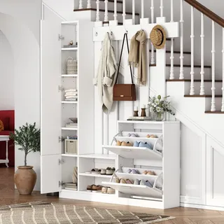 Sweiko 135x25x180cm Garderoben-Set mit Spiegel, Flurschrank, Hängeschrankregal, Kompaktgarderobe, Mit 2 unteren Klapptüren-Schuhschränken + 2 Au... - Weiß