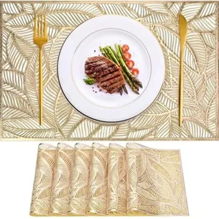 Set Mit 6 Rechteckigen Platzsets Aus Abwaschbarem Pvc, Hitzebeständig Und Rutschfest, 45 X 30 Cm, Goldfarben, Mit Blattmuster, Perfekt Für Weihnachten, Partys, Zuhause, Küche Und Mehr.