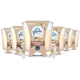 Glade Duftkerzen im Glas 6er-Pack, Mit ätherischen Ölen, 6 Stück | Langanhaltender Duft für Wohlfühlatmosphäre, Palmölfreier Wachs, Romantic Vanilla Blossom Duft, 6x 112 g