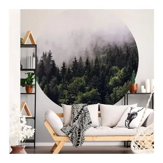 K&L Wall Art Fototapete Fototapete Nebel im Wald Tannenwald Vliestapete Rund Tapete, Nebelwald Tapete grün 1.4 m x 1.4 m