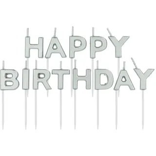 Folat 24207 Kuchen Kerzenset 'Happy Birthday' Silber - 2 cm Geburtstagskerzen für Geburtstag, Geburtstagsdeko, für Kinder Partys, Hochzeiten, Firmenfeiern, Jubiläen