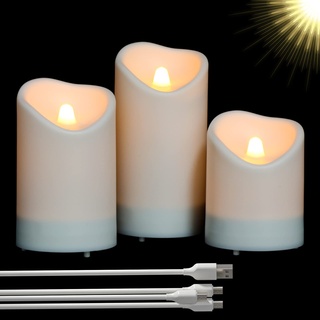 Yme Solar Stumpenkerzen, LED Kerzen Weiß Flackernde Flamme Wiederaufladbare 4in 5in 6in für Halloween Deko Weihnachten Outdoor Außen Wohnzimmer Schlafzimmer Fenster