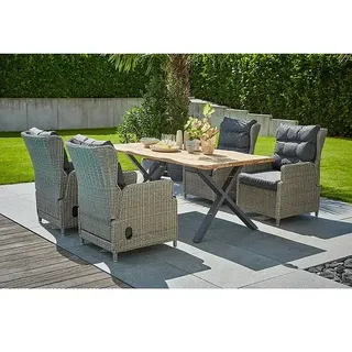 Sunfun Pauline Gartenmöbel-Set  (6 -tlg., Baumkante 180 cm / X-Gestell, Teak/Edelstahl/Polyrattan, Teak/Grau)