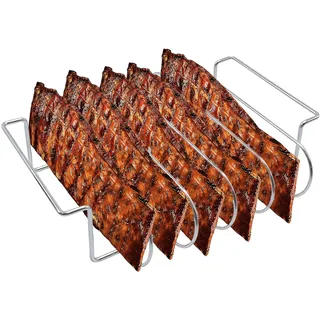Ollanoos Edelstahl Rippchenhalter, Vielseitiger Halter für 5 Spare Ribs, Geschirrspülerfest für Gas- und Holzkohlegrills (33 x 29 x 8 cm)