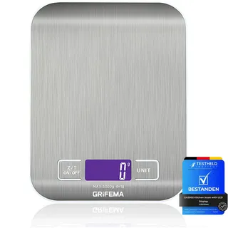 GRIFEMA Digitale Küchenwaage (Hochpräzise 1g-5000g), Feinwaage mit LCD Display und 2 Batterien, Waage Küchenwaage Abstellautomatik und Tara, Digitalwaage mit 6 Maßeinheit, Briefwaage Edelstahl