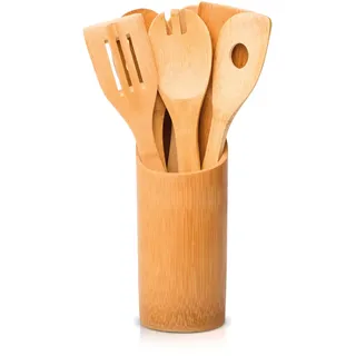 KHG Küchenhelferset 7-teilig 6 Kochutensilien inkl. Behälter aus Bambus, universelles Kochbesteck-Set Spatel Kochlöffel Pfannenwender aus Holz, Öse zum Aufhängen, 30cm natur