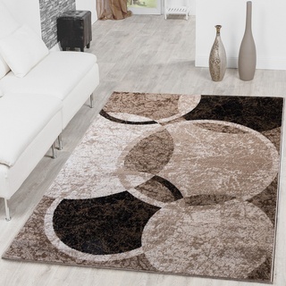 Teppich Kreis Design Modern Wohnzimmerteppich Braun Beige Schwarz Meliert, Größe:80x150 cm