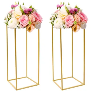 MINRS Metall Goldene Vasen 60cm Hoch Vase Eckiger Deko Pflanzenständer Blumenständer Gold Blumensäulenständer Hochzeits Tischdekoration für Draußen & Innen