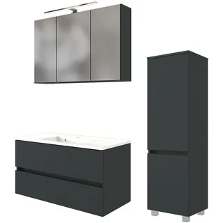 WELLTIME Badmöbel-Set »Welltime Möbel Baabe Waschtisch-Set 3tlg. oder 5tlg.«, 3 St.), gedämpfte Scharniere und Softclose-Funktion, inklusive LED-Beleuchtung grau