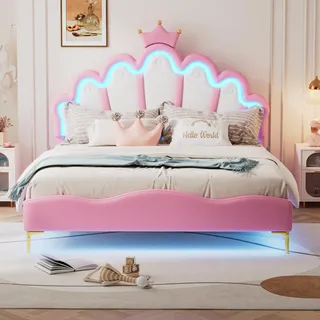 Merax Kinderbett 140x200 cm Prinzessin Bett - Polsterbett für Mädchen, Kronen-Doppelbett mit verstellbarem Kopfteil, LED-Streifen, aus PU-Leder Bettrahmen mit Lattenrost(ohne Matratze), Rosa
