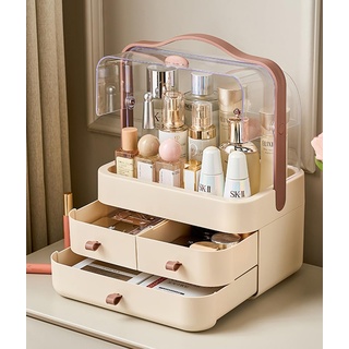 RMAN Make Up Organizer Kosmetik Aufbewahrung Staubdicht Schminktisch Aufbewahrungsbox mit 3 Schubladen Tragegriff Beauty Organizer für Dresser Badezimmer Schlafzimmer - Braun