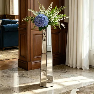 SHYFOY Bodenvase Groß 76cm, Große Vase aus MDF und Spiegel, Große Deko Vasen für Boden, Bodenvase XXL für Kunstpflanzen und Pampasgras, Silber