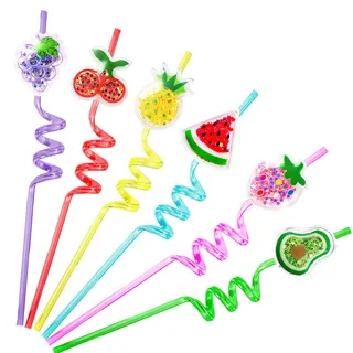 24 glitzernde Obst-Strohhalme für Kinder, Partyzubehör, Geburtstagszubehör, Pfirsichtraube, Ananas, Kirsche, Wassermelone, Avocado, wiederverwendbare Trinkhalme, Goodie-Geschenk für Jungen, Mädchen,