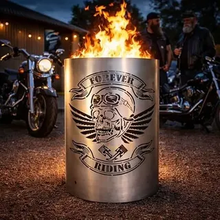 TiKo-Design® Feuertonne - Lagerfeuertonne - Feuerkorb mit Skull Forever Riding Motiv – Verleihen Sie Ihrem Garten EIN besonderes Ambiente für unvergessliche Abende mit ihren Freunden