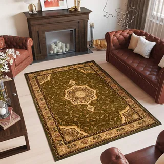 TAPISO Yesemek Teppich Klassisch Kurzflor Wohnzimmer Orientalisch Floral Ziegler Ornament Muster Bordüre Grün Beige Barock Design ÖKOTEX 180 x 260 cm