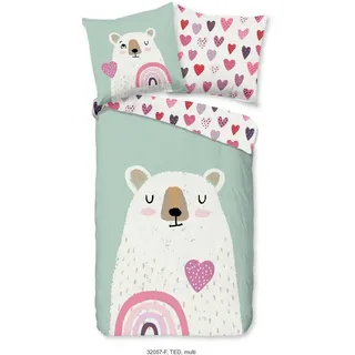 good morning Kinderbettwäsche Ted, Biber, Flanell, 2 teilig, Flanell, Biber, 135x200, Warm, Wende, Kind, Bär, Eisbär, minzgrün grün|rosa
