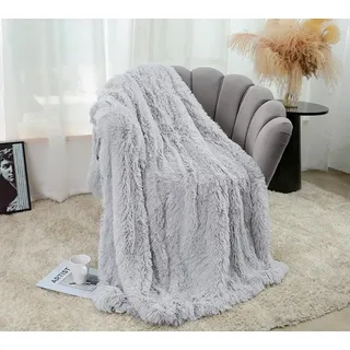 Freyamy Kuscheldecke 160x200cm Hellgrau Plüsch Wurfdecke Langhaar Microfaser Kunstfell Flanell Wohndecke Wende Kunstpelz Felldecke Warme Sofa Decke TV-Decke Klimaanlage Decke Flauschig Tagesdecke